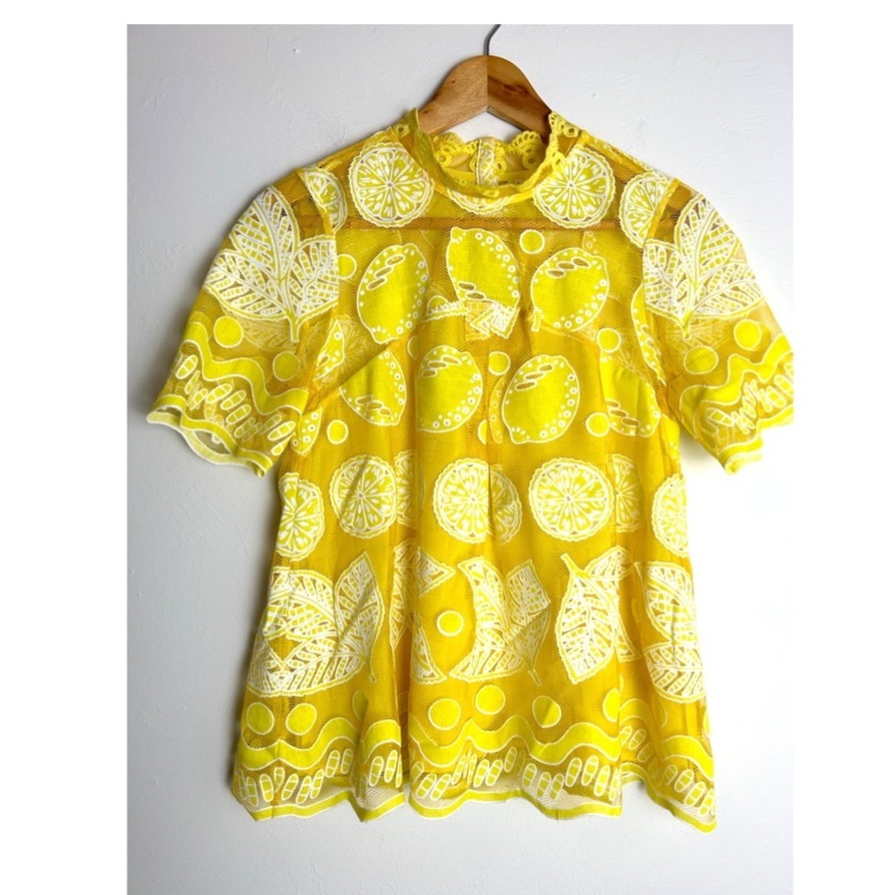 Anthropologie Yellow Lace Appliqué Short-Sleeve Blouse - Picture 2 of 10